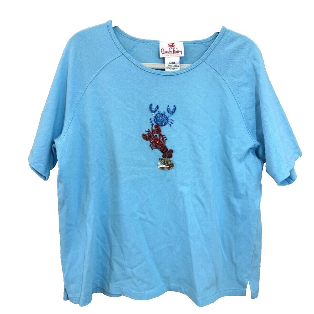 Quaker Factory Women’s Blue Short Sleeve Bead Crab Lobster Cotton Shirt Large